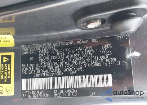2013 Toyota Highlander Limited V6 from USA, damaged, VIN 5TDYK3EH2DS110807